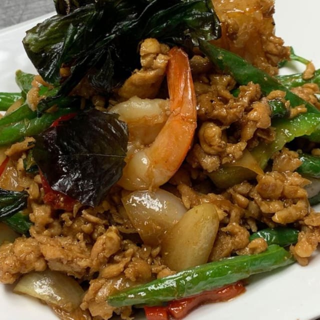 86. Stir Fried Ground Chicken and Shrimp.